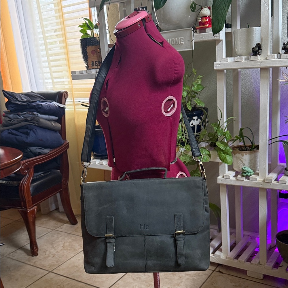 HLC Leather Unisex Real Leather Messenger Bag for Laptop Briefcase Satchel.